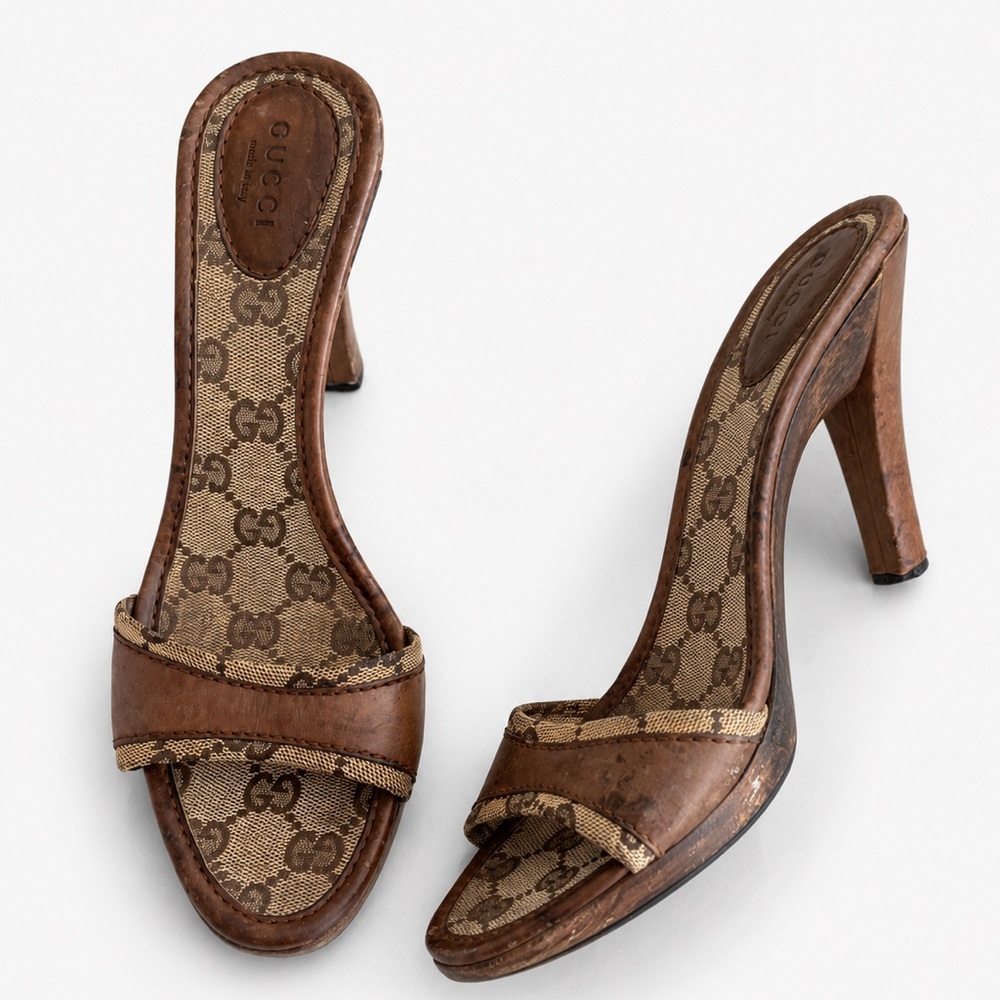 Gucci Brown Monogram Slip-On Heels - Picture 3 of 6